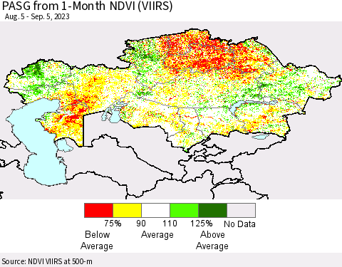 Kazakhstan PASG from 1-Month NDVI (VIIRS) Thematic Map For 8/29/2023 - 9/5/2023