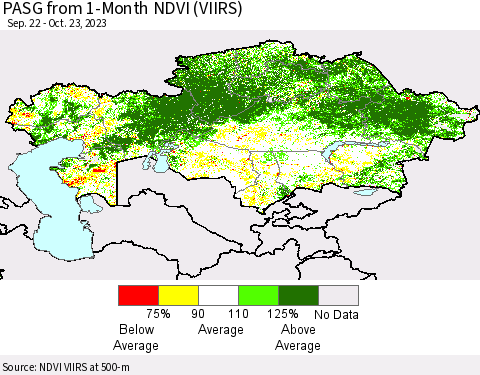 Kazakhstan PASG from 1-Month NDVI (VIIRS) Thematic Map For 10/16/2023 - 10/23/2023