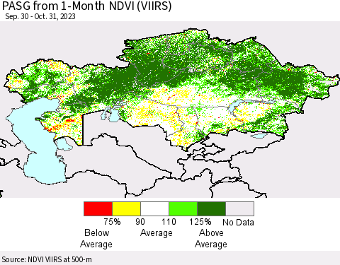 Kazakhstan PASG from 1-Month NDVI (VIIRS) Thematic Map For 10/24/2023 - 10/31/2023