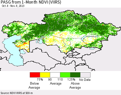 Kazakhstan PASG from 1-Month NDVI (VIIRS) Thematic Map For 11/1/2023 - 11/8/2023