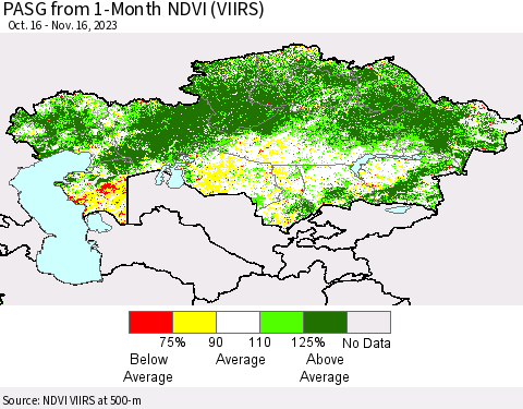 Kazakhstan PASG from 1-Month NDVI (VIIRS) Thematic Map For 11/9/2023 - 11/16/2023