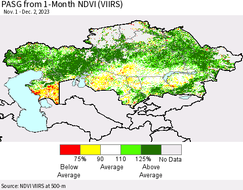 Kazakhstan PASG from 1-Month NDVI (VIIRS) Thematic Map For 11/25/2023 - 12/2/2023