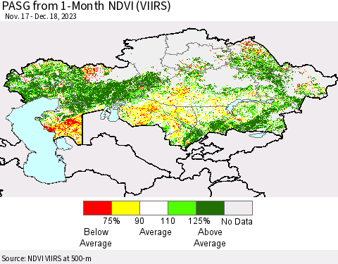 Kazakhstan PASG from 1-Month NDVI (VIIRS) Thematic Map For 12/11/2023 - 12/18/2023