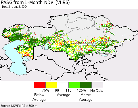 Kazakhstan PASG from 1-Month NDVI (VIIRS) Thematic Map For 12/27/2023 - 1/3/2024
