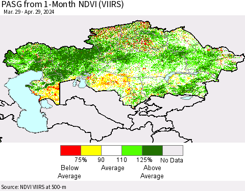 Kazakhstan PASG from 1-Month NDVI (VIIRS) Thematic Map For 4/22/2024 - 4/29/2024