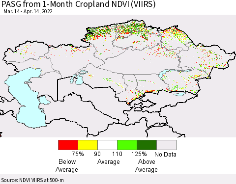 Kazakhstan PASG from 1-Month Cropland NDVI (VIIRS) Thematic Map For 4/7/2022 - 4/14/2022