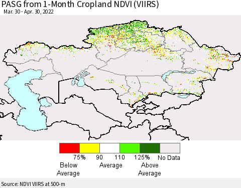 Kazakhstan PASG from 1-Month Cropland NDVI (VIIRS) Thematic Map For 4/23/2022 - 4/30/2022