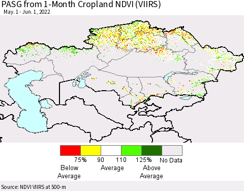 Kazakhstan PASG from 1-Month Cropland NDVI (VIIRS) Thematic Map For 5/25/2022 - 6/1/2022