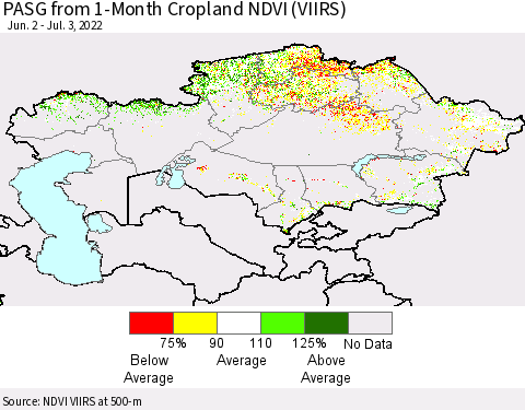 Kazakhstan PASG from 1-Month Cropland NDVI (VIIRS) Thematic Map For 6/26/2022 - 7/3/2022