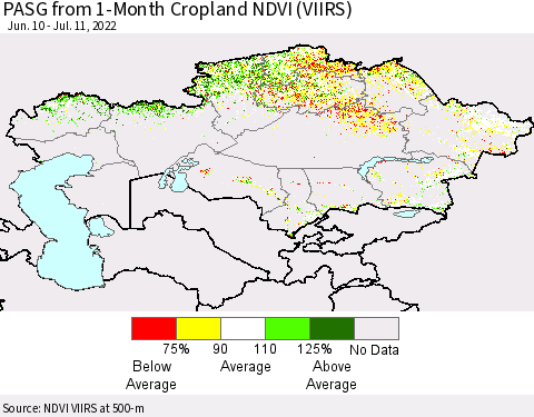 Kazakhstan PASG from 1-Month Cropland NDVI (VIIRS) Thematic Map For 7/4/2022 - 7/11/2022