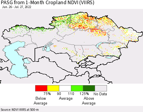 Kazakhstan PASG from 1-Month Cropland NDVI (VIIRS) Thematic Map For 7/20/2022 - 7/27/2022