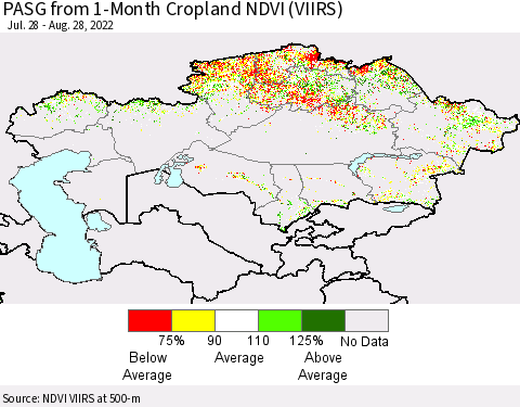 Kazakhstan PASG from 1-Month Cropland NDVI (VIIRS) Thematic Map For 8/21/2022 - 8/28/2022
