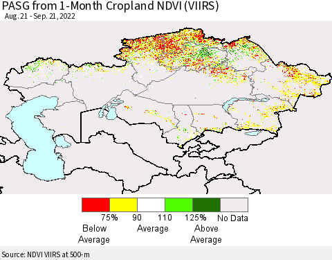 Kazakhstan PASG from 1-Month Cropland NDVI (VIIRS) Thematic Map For 9/14/2022 - 9/21/2022