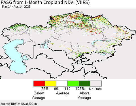 Kazakhstan PASG from 1-Month Cropland NDVI (VIIRS) Thematic Map For 4/7/2023 - 4/14/2023
