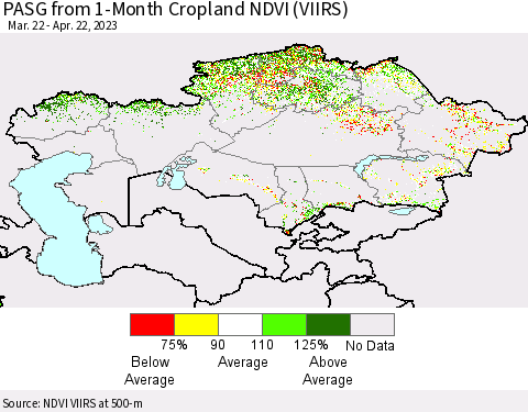 Kazakhstan PASG from 1-Month Cropland NDVI (VIIRS) Thematic Map For 4/15/2023 - 4/22/2023