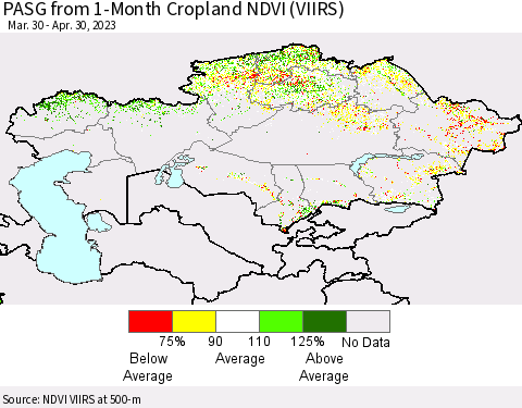 Kazakhstan PASG from 1-Month Cropland NDVI (VIIRS) Thematic Map For 4/23/2023 - 4/30/2023