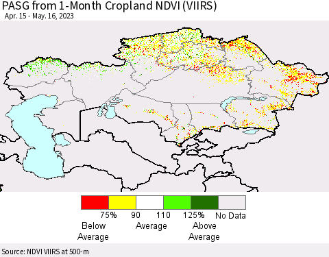 Kazakhstan PASG from 1-Month Cropland NDVI (VIIRS) Thematic Map For 5/9/2023 - 5/16/2023