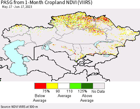 Kazakhstan PASG from 1-Month Cropland NDVI (VIIRS) Thematic Map For 6/10/2023 - 6/17/2023