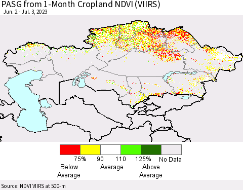 Kazakhstan PASG from 1-Month Cropland NDVI (VIIRS) Thematic Map For 6/26/2023 - 7/3/2023