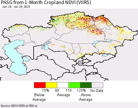 Kazakhstan PASG from 1-Month Cropland NDVI (VIIRS) Thematic Map For 7/12/2023 - 7/19/2023