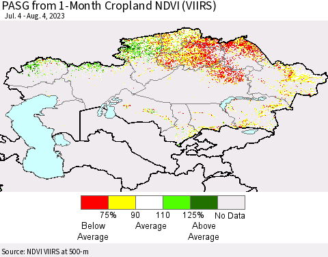 Kazakhstan PASG from 1-Month Cropland NDVI (VIIRS) Thematic Map For 7/28/2023 - 8/4/2023