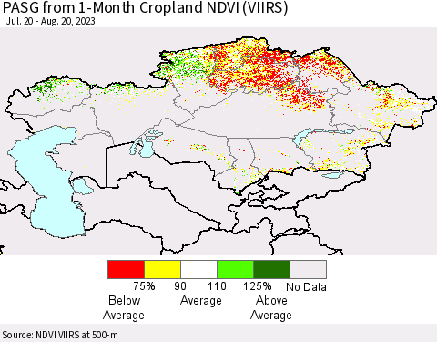 Kazakhstan PASG from 1-Month Cropland NDVI (VIIRS) Thematic Map For 8/13/2023 - 8/20/2023