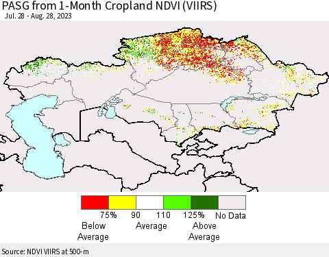 Kazakhstan PASG from 1-Month Cropland NDVI (VIIRS) Thematic Map For 8/21/2023 - 8/28/2023