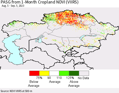 Kazakhstan PASG from 1-Month Cropland NDVI (VIIRS) Thematic Map For 8/29/2023 - 9/5/2023