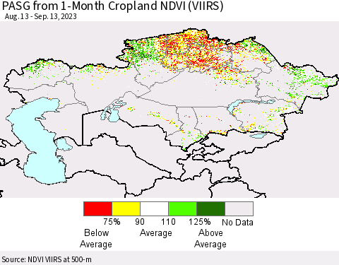 Kazakhstan PASG from 1-Month Cropland NDVI (VIIRS) Thematic Map For 9/6/2023 - 9/13/2023