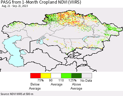 Kazakhstan PASG from 1-Month Cropland NDVI (VIIRS) Thematic Map For 9/14/2023 - 9/21/2023
