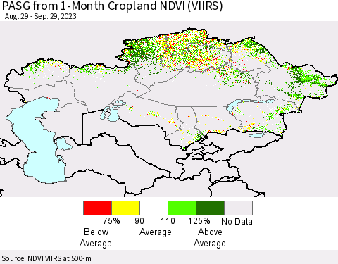 Kazakhstan PASG from 1-Month Cropland NDVI (VIIRS) Thematic Map For 9/22/2023 - 9/29/2023