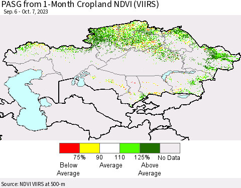 Kazakhstan PASG from 1-Month Cropland NDVI (VIIRS) Thematic Map For 9/30/2023 - 10/7/2023