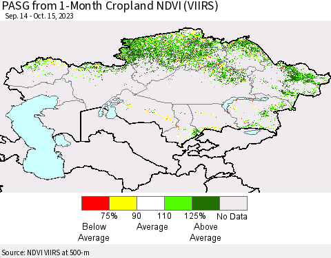 Kazakhstan PASG from 1-Month Cropland NDVI (VIIRS) Thematic Map For 10/8/2023 - 10/15/2023