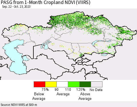 Kazakhstan PASG from 1-Month Cropland NDVI (VIIRS) Thematic Map For 10/16/2023 - 10/23/2023
