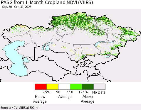 Kazakhstan PASG from 1-Month Cropland NDVI (VIIRS) Thematic Map For 10/24/2023 - 10/31/2023