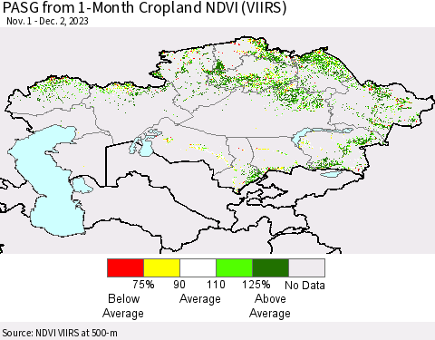 Kazakhstan PASG from 1-Month Cropland NDVI (VIIRS) Thematic Map For 11/25/2023 - 12/2/2023