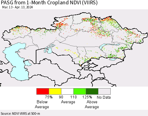 Kazakhstan PASG from 1-Month Cropland NDVI (VIIRS) Thematic Map For 4/6/2024 - 4/13/2024