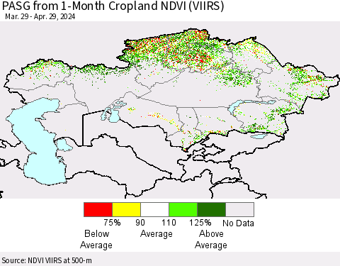 Kazakhstan PASG from 1-Month Cropland NDVI (VIIRS) Thematic Map For 4/22/2024 - 4/29/2024