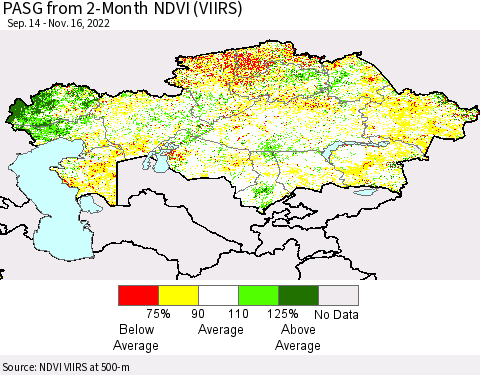 Kazakhstan PASG from 2-Month NDVI (VIIRS) Thematic Map For 11/9/2022 - 11/16/2022