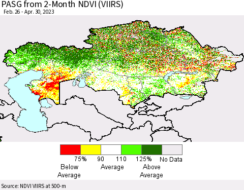 Kazakhstan PASG from 2-Month NDVI (VIIRS) Thematic Map For 4/23/2023 - 4/30/2023