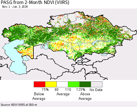Kazakhstan PASG from 2-Month NDVI (VIIRS) Thematic Map For 12/27/2023 - 1/3/2024