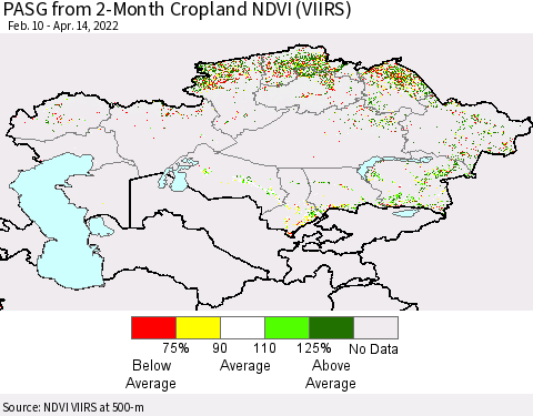 Kazakhstan PASG from 2-Month Cropland NDVI (VIIRS) Thematic Map For 4/7/2022 - 4/14/2022