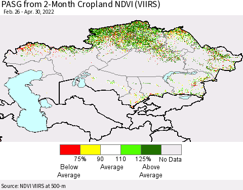 Kazakhstan PASG from 2-Month Cropland NDVI (VIIRS) Thematic Map For 4/23/2022 - 4/30/2022
