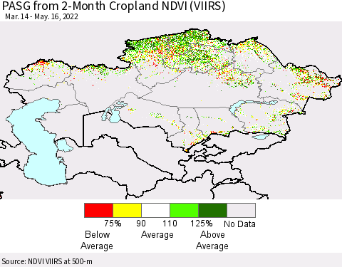 Kazakhstan PASG from 2-Month Cropland NDVI (VIIRS) Thematic Map For 5/9/2022 - 5/16/2022