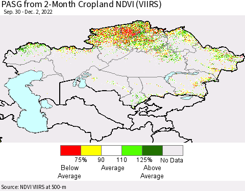 Kazakhstan PASG from 2-Month Cropland NDVI (VIIRS) Thematic Map For 11/25/2022 - 12/2/2022