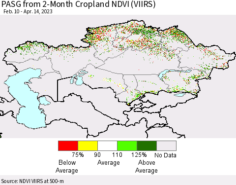 Kazakhstan PASG from 2-Month Cropland NDVI (VIIRS) Thematic Map For 4/7/2023 - 4/14/2023