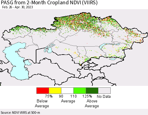 Kazakhstan PASG from 2-Month Cropland NDVI (VIIRS) Thematic Map For 4/23/2023 - 4/30/2023