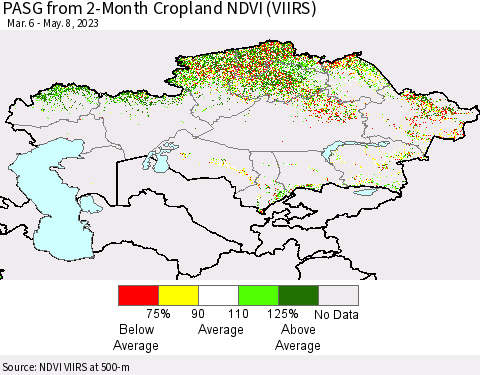 Kazakhstan PASG from 2-Month Cropland NDVI (VIIRS) Thematic Map For 5/1/2023 - 5/8/2023