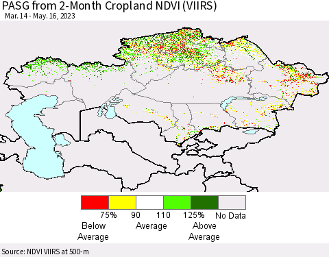 Kazakhstan PASG from 2-Month Cropland NDVI (VIIRS) Thematic Map For 5/9/2023 - 5/16/2023