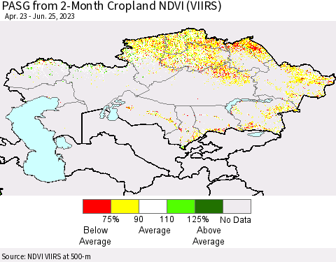 Kazakhstan PASG from 2-Month Cropland NDVI (VIIRS) Thematic Map For 6/18/2023 - 6/25/2023